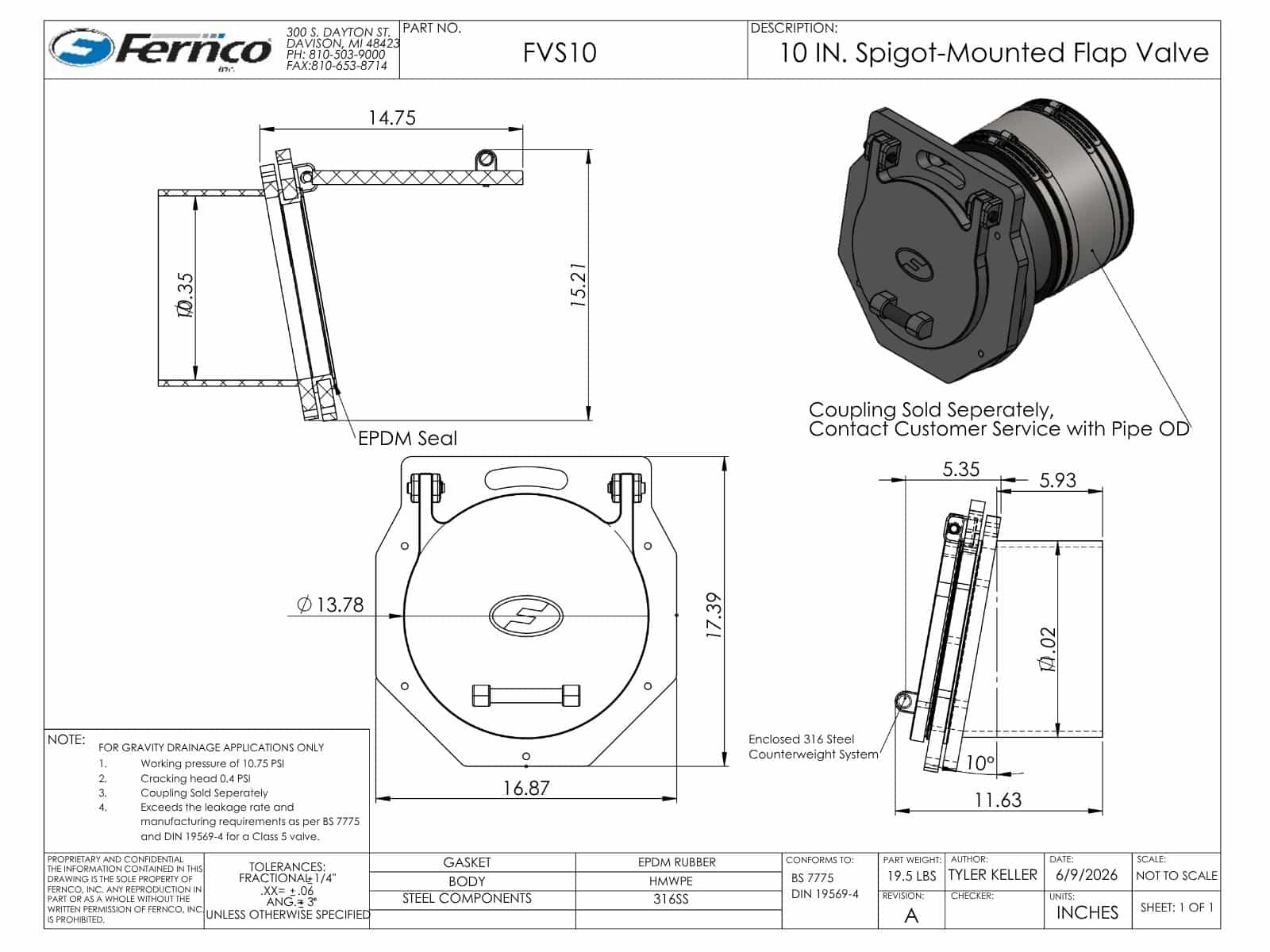 10 Inch Fernco Spigot Mounted Flap Valve