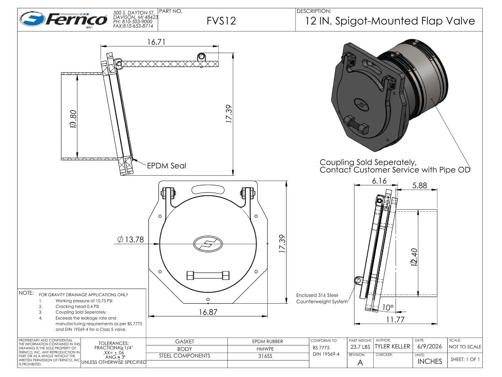 12 Inch Fernco Spigot Mounted Flap Valve