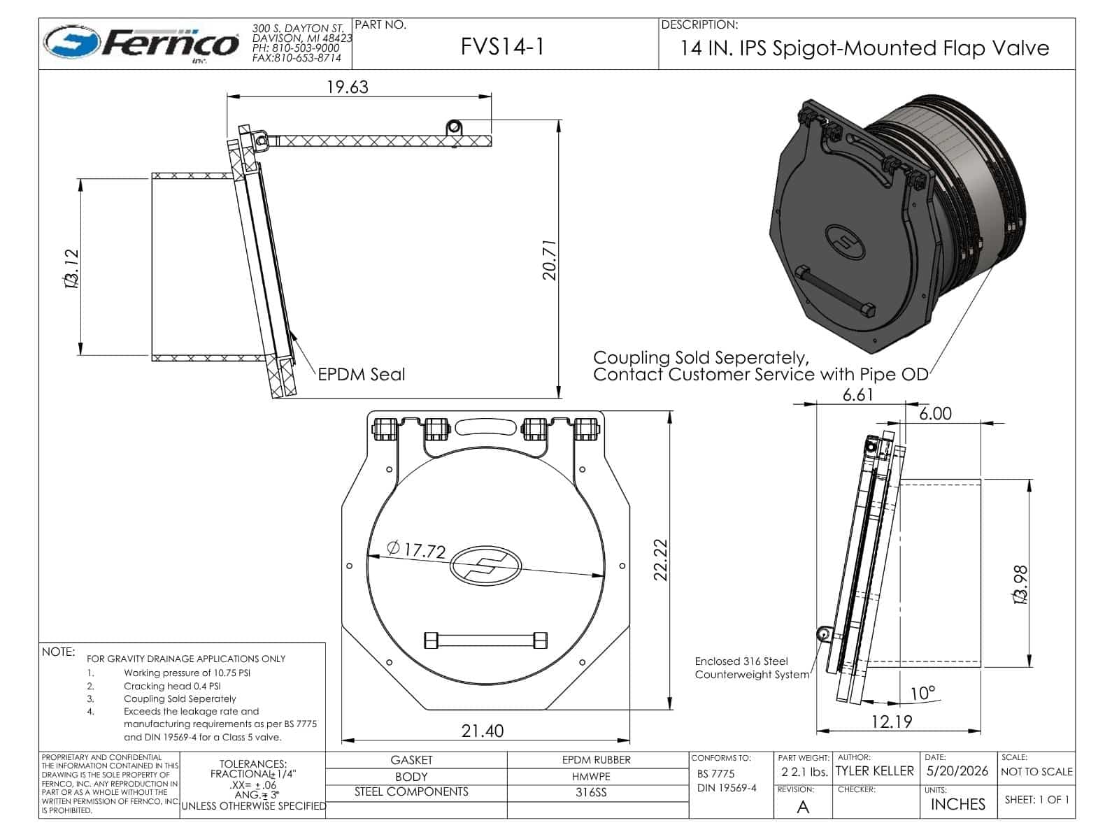 14 Inch Fernco Spigot Mounted Flap Valve