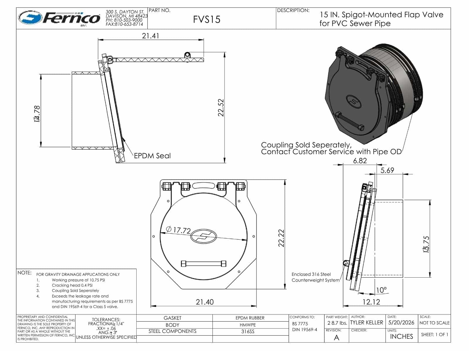 15 Inch Fernco Spigot Mounted Flap Valve