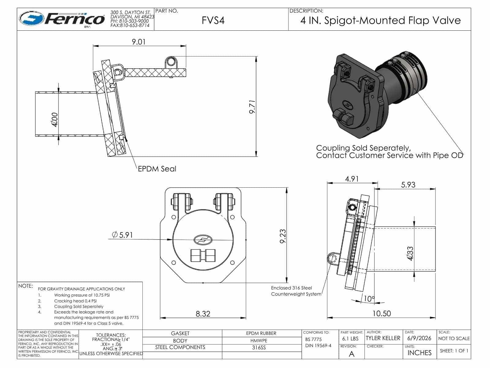4 Inch Fernco Spigot Mounted Flap Valve