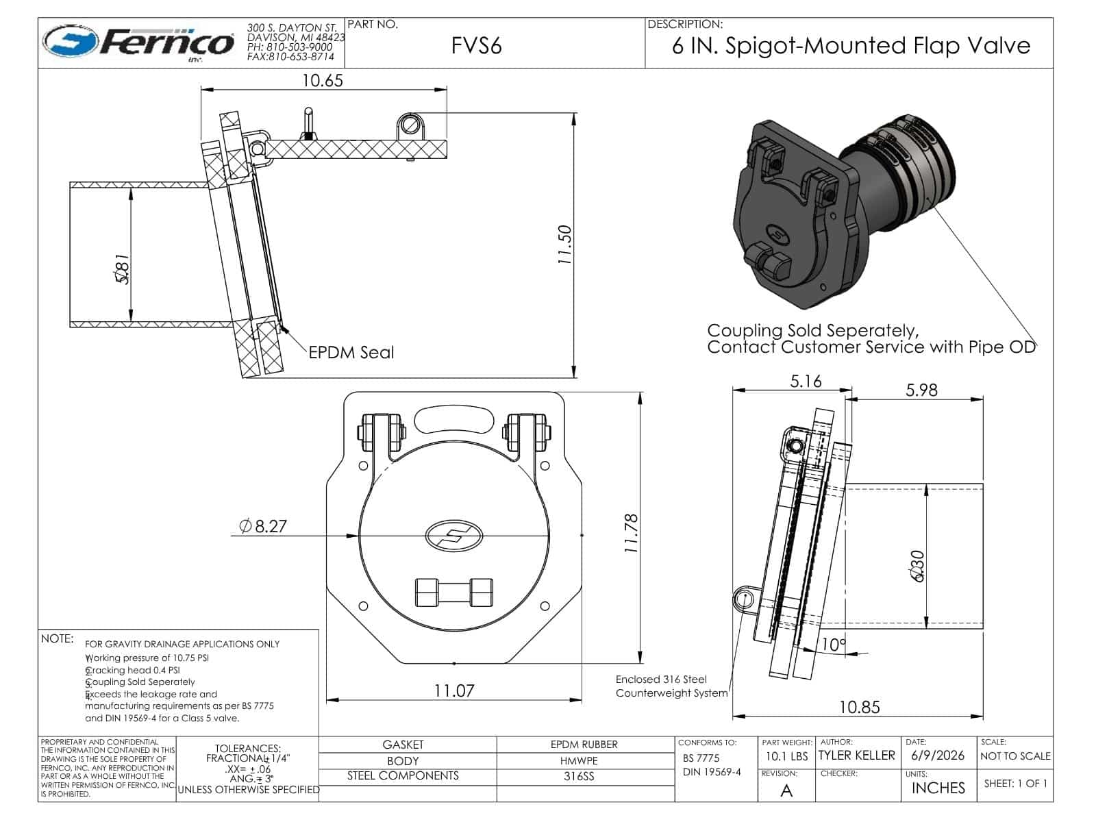 6 Inch Fernco Spigot Mounted Flap Valve