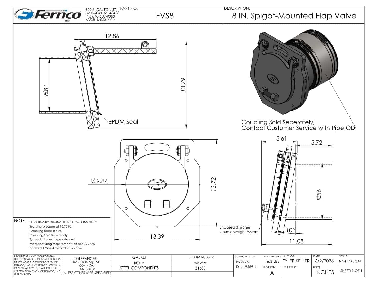 8 Inch Fernco Spigot Mounted Flap Valve